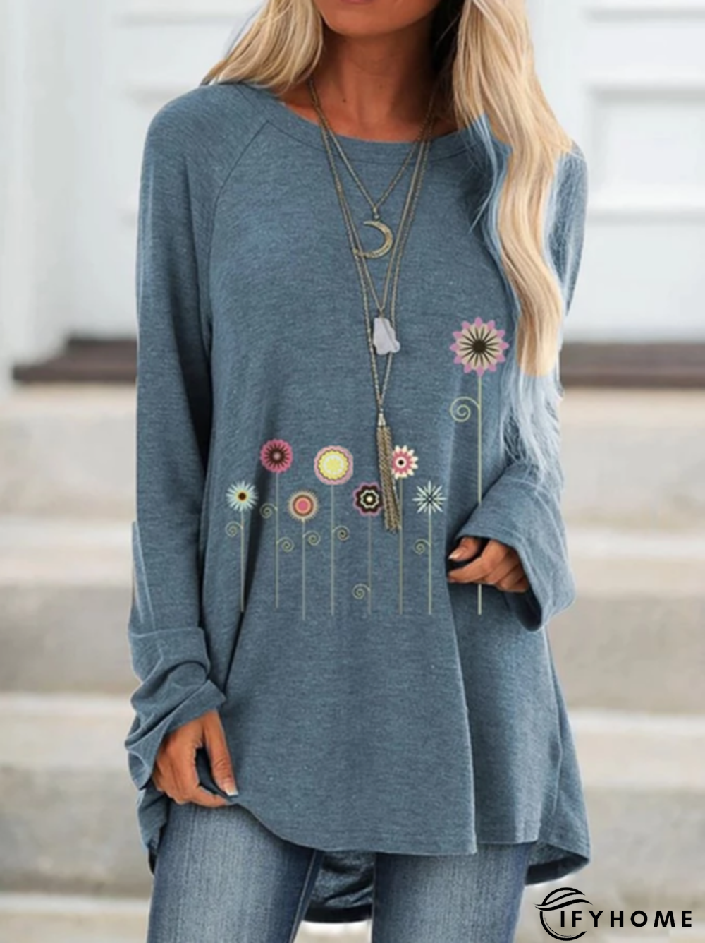 Casual Floral Crew Neck Long Sleeve Top Tunics | IFYHOME