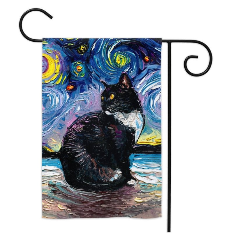 Tuxedo Cat With Yellow Eyes On The Beach Starry Night Garden Flag Beach Starry Night Garden Flag, Tuxedo Cat Garden Flags