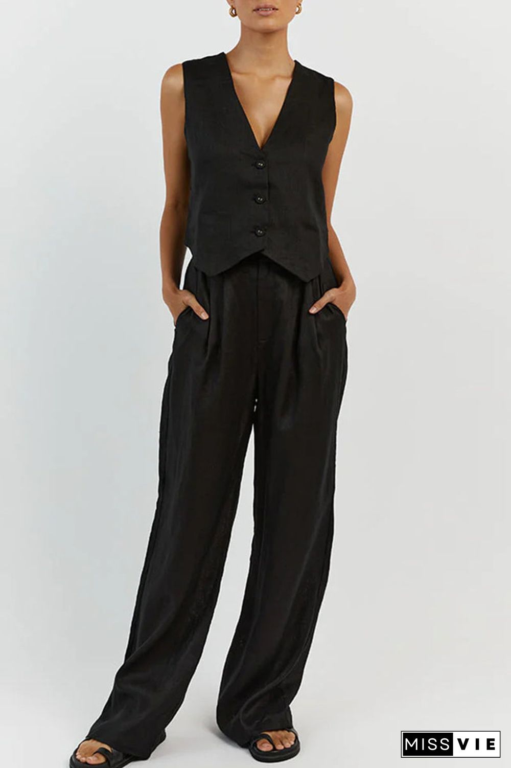 Casual Simplicity Solid Buckle V Neck Sleeveless Two Pieces