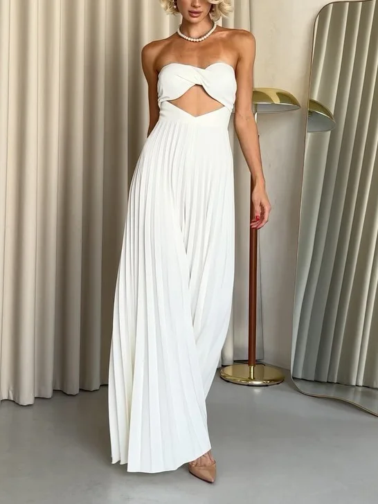 White Strapless Cutout Pleated Jumpsuit
