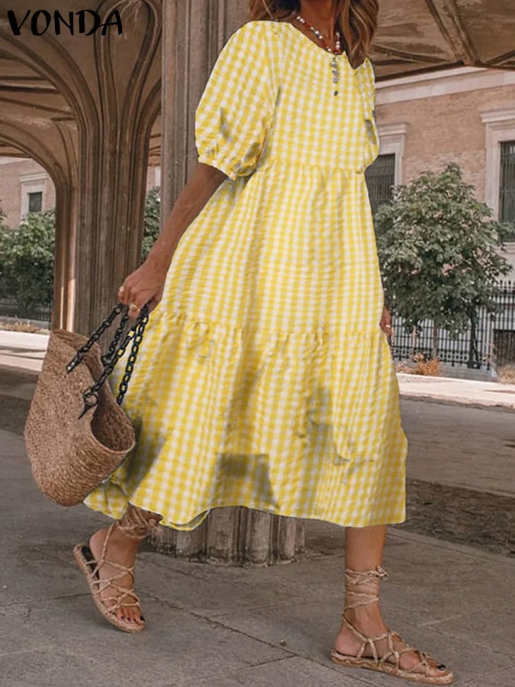 Summer Dress 2022 VONDA Fashion Women Short Sleeve Vintage Plaid Printed Sundress Robe Loose Bohemian Pleated Mid-Calf Vestidos