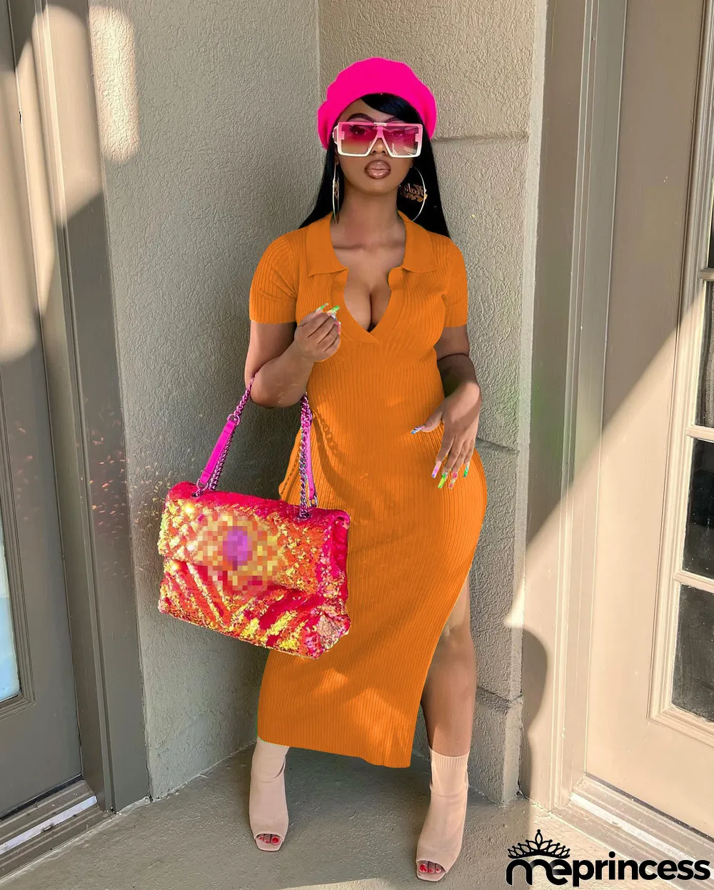 Solid Ribbed Short Sleeve High Split Midi Dress