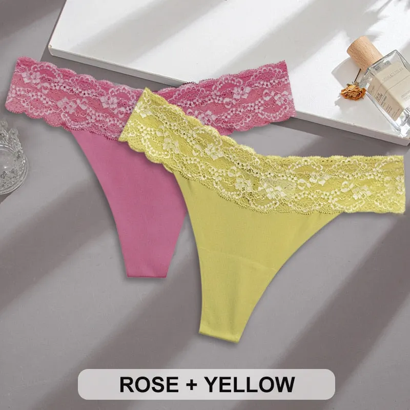 2PCS/Set Lace Panties Sexy Underwear Thong Women Panties G-String Panties Briefs Lingerie Floral V Waist Design Female Underpant