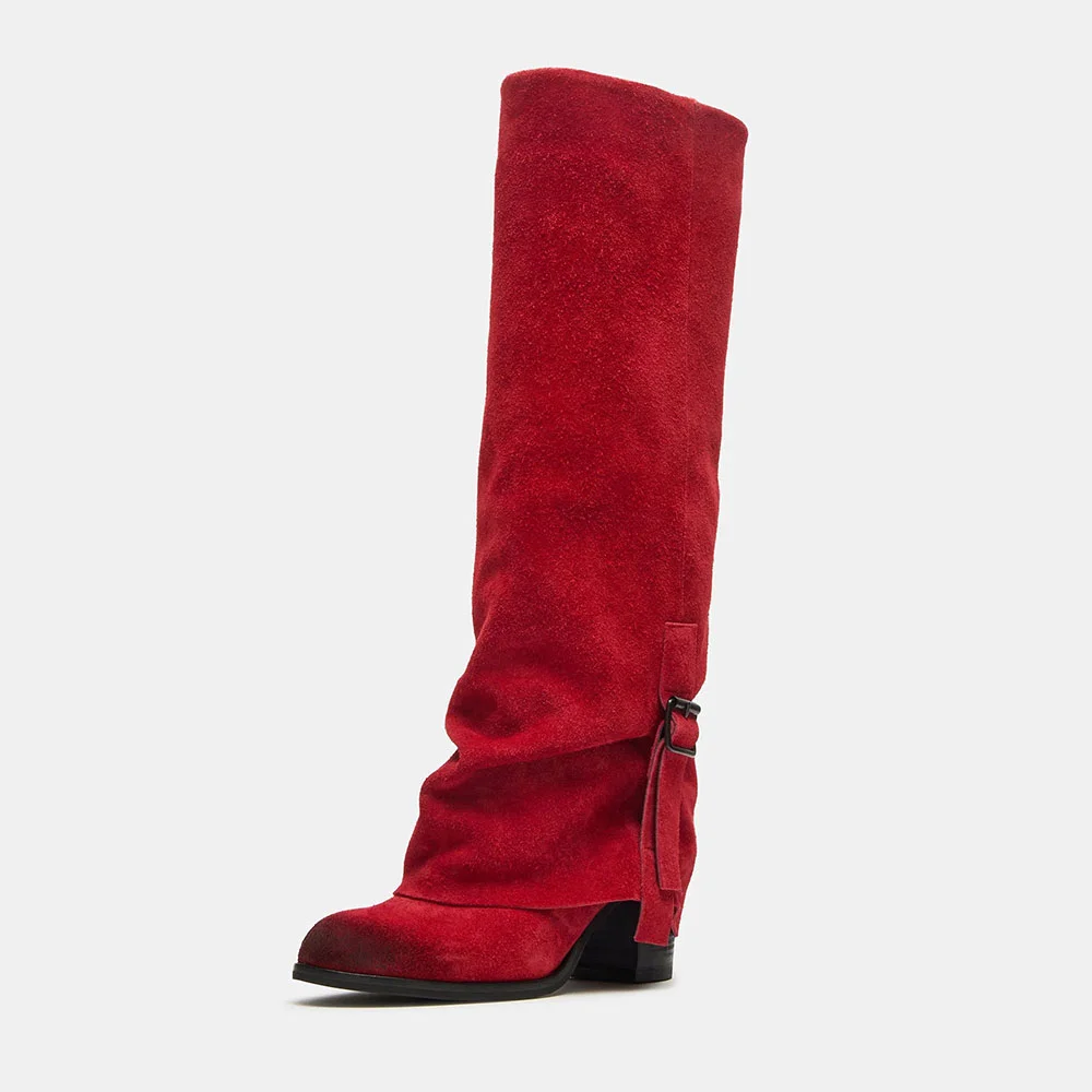 Fashion Red Round Toe Chunky Heel Buckle Fold Over Tall Boots