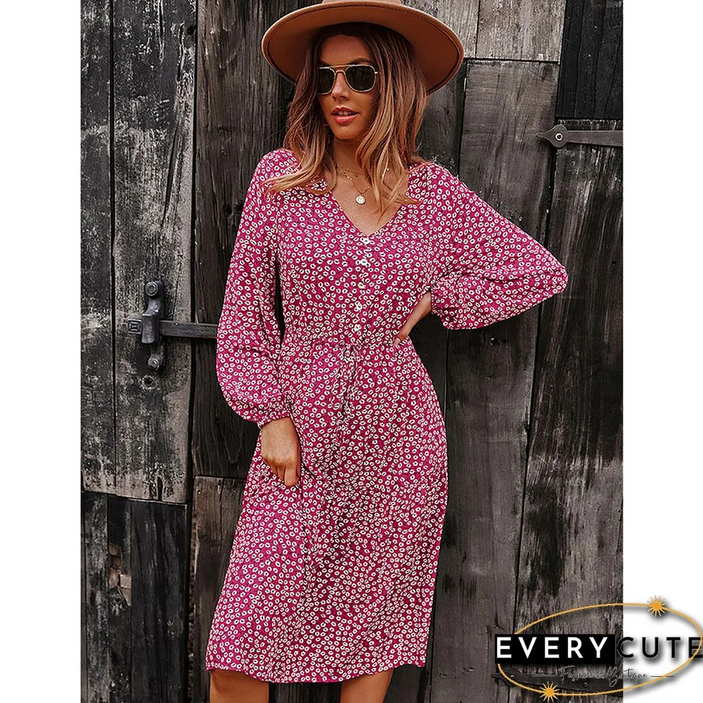Red Floral Print V Neck Long Sleeve Dress