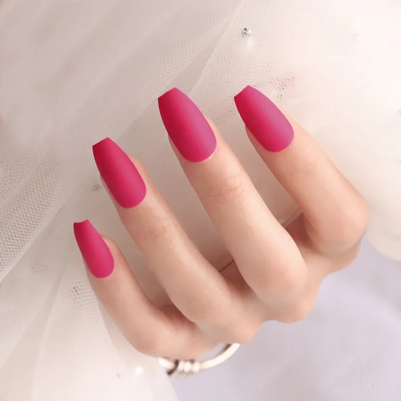 24pcs/set Black Round matte false nails Short Full Cover Frosted Ballerina Nail Tips Red small round oval fake nails art set-Nail Inspo