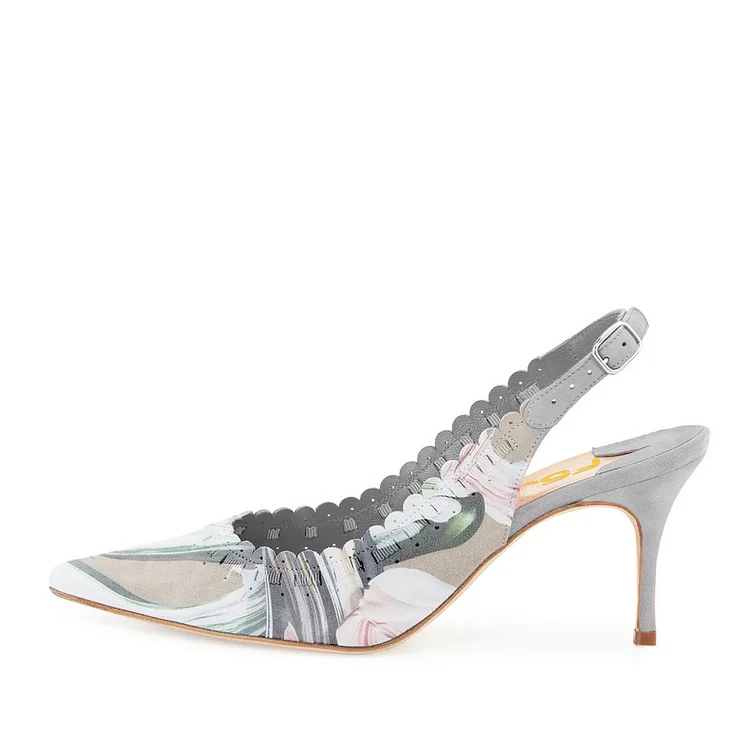Grey Floral Heels Slingback Pumps Pointy Toe Pumps |FSJ Shoes