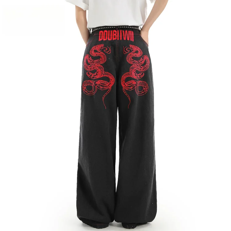 Snake Embroidery Wide Leg Pants
