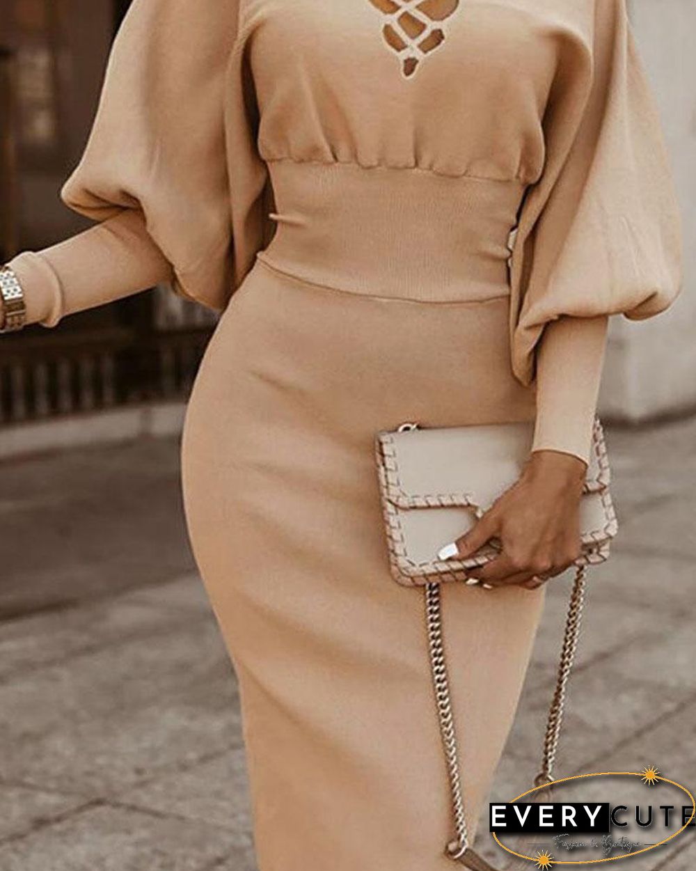 Strappy Lantern Sleeve Knit Dress P15498