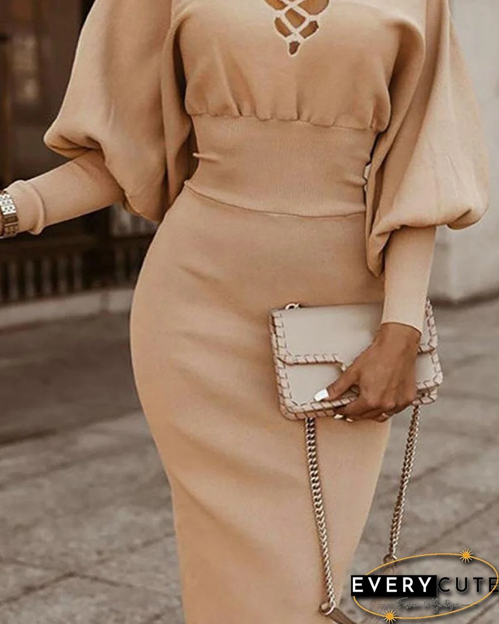 Strappy Lantern Sleeve Knit Dress P15498