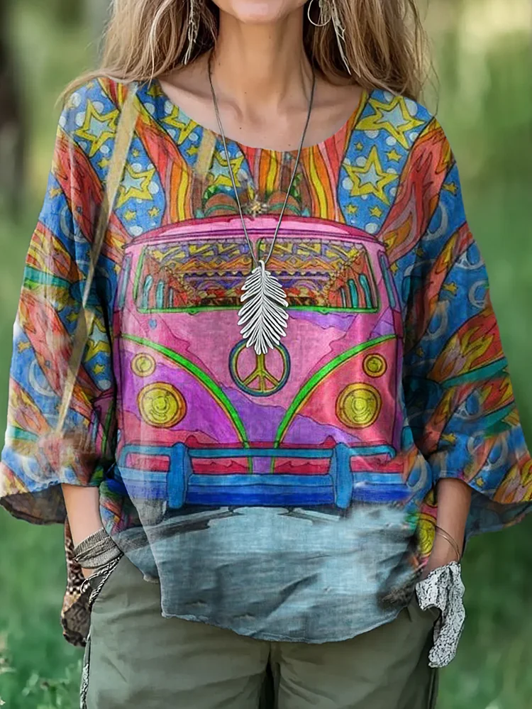 Women's Car Hippie Graphic Art Print Casual Cotton and Linen Shirt