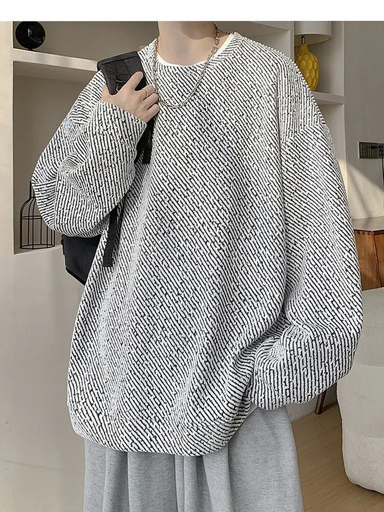 Textured Knit Crewneck Sweatshirt for Men with a Loose Oversized Fit