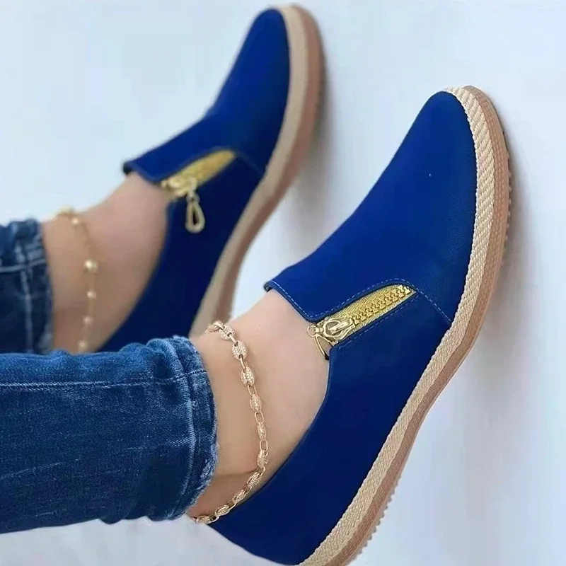 Qengg New Women's Casual Shoes Fashion Solid Color Platform Hemp Rope Flats Lightweight Comfortable Side Zip Loafers Zapatillas Mujer