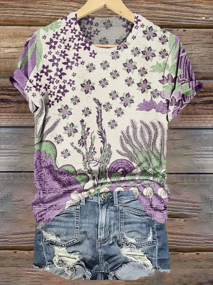 Women's Art Floral Hippie Print Crew Neck T-Shirt