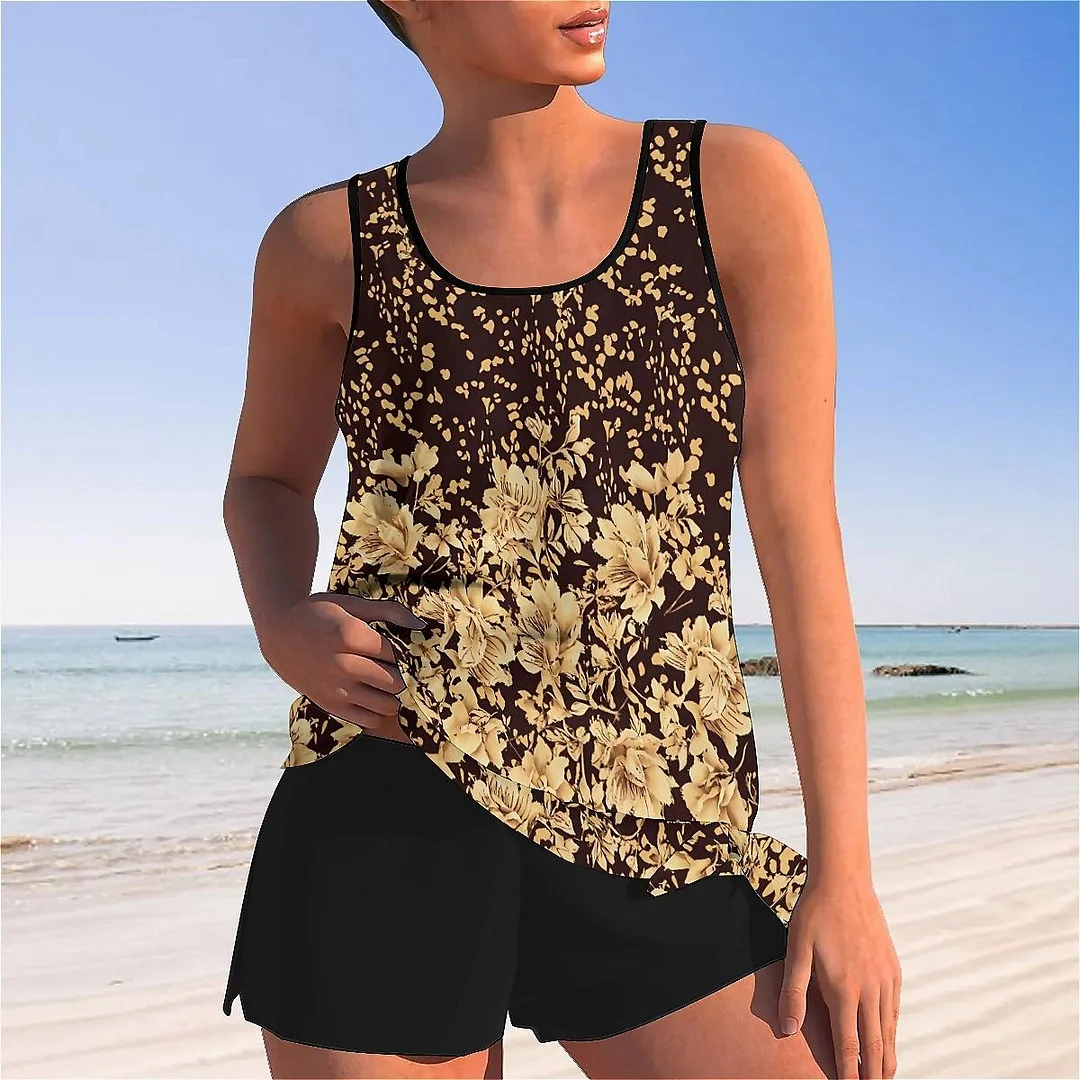 Bowknot Black,Khaki,Floral Mid Waisted Tankini Set - Plus Size Available