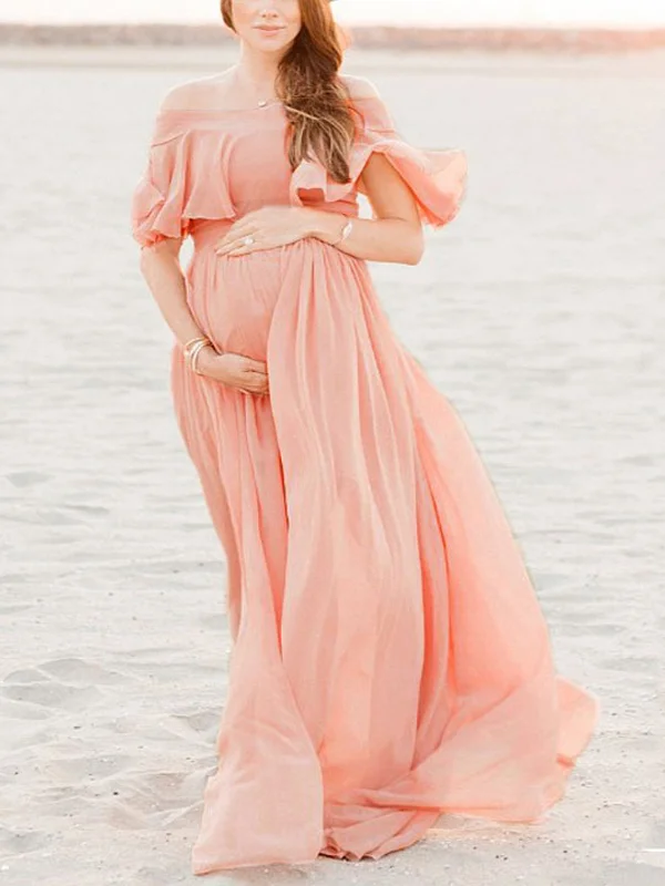 Maternity One-Neck Fluttering Sleeves Chiffon Solid Maxi Dress