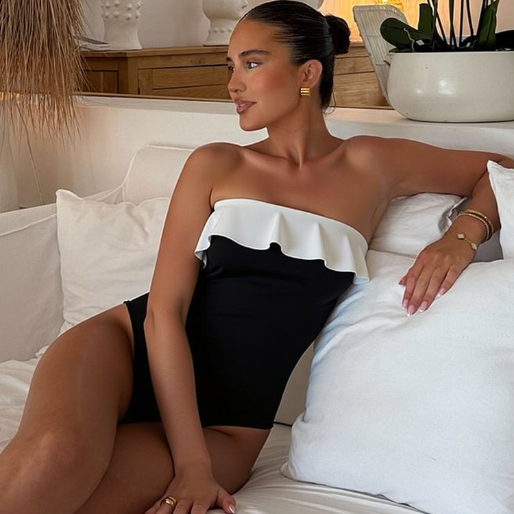 Ruffled Color One Piece Swimsuit and Skirt