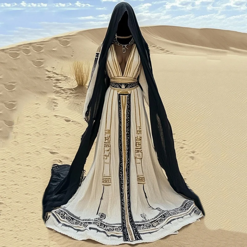 Vintage Egyptian Embroidered Art Linen V Neck Maxi Dress Excluding Shawl