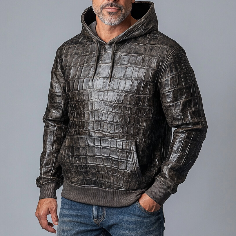 Men's PU Leather Alligator Pattern Drawstring Hooded Long Sleeve Hoodie