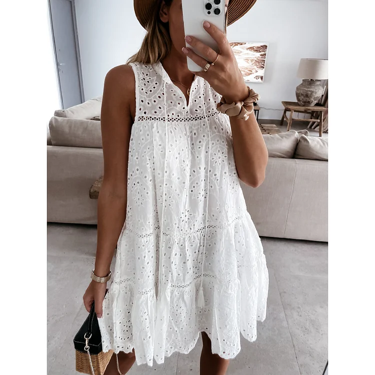 Cut Out  V Neck Lace Mini Dress