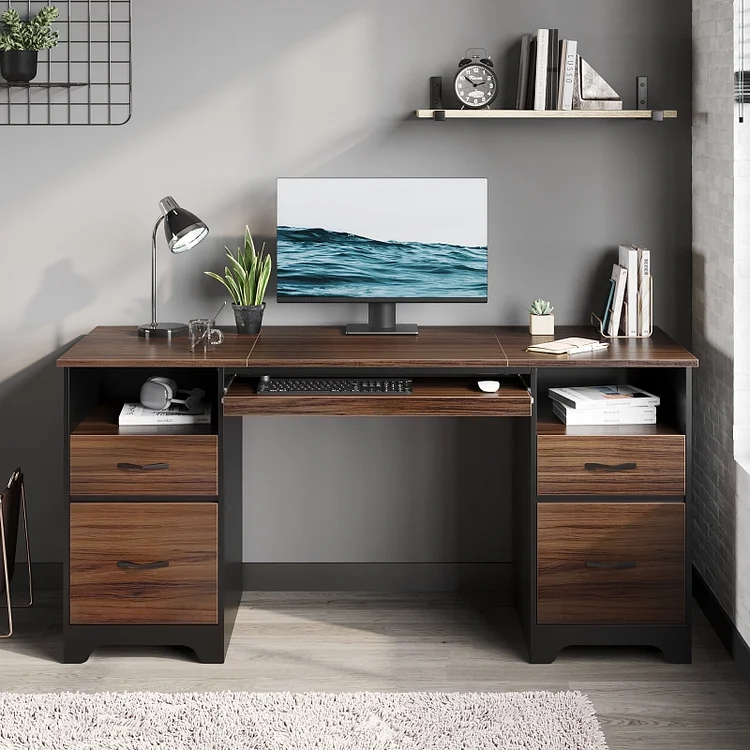 Bestier 59&rdquo; Computer Desk with 2 File Drawers and 2 Storage Drawers, Industrial Home Office Desk with Keyboard Tray, Corner Desk Writing Desk with 2 Open Compartments