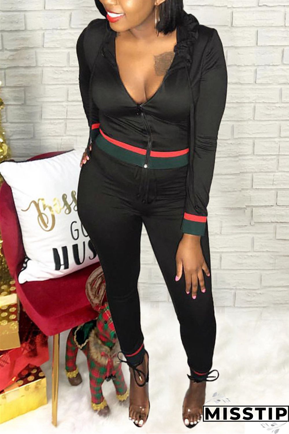 Black Casual Sportswear Long Sleeve Zipper Collar Regular Sleeve Regular Patchwork Two Pieces