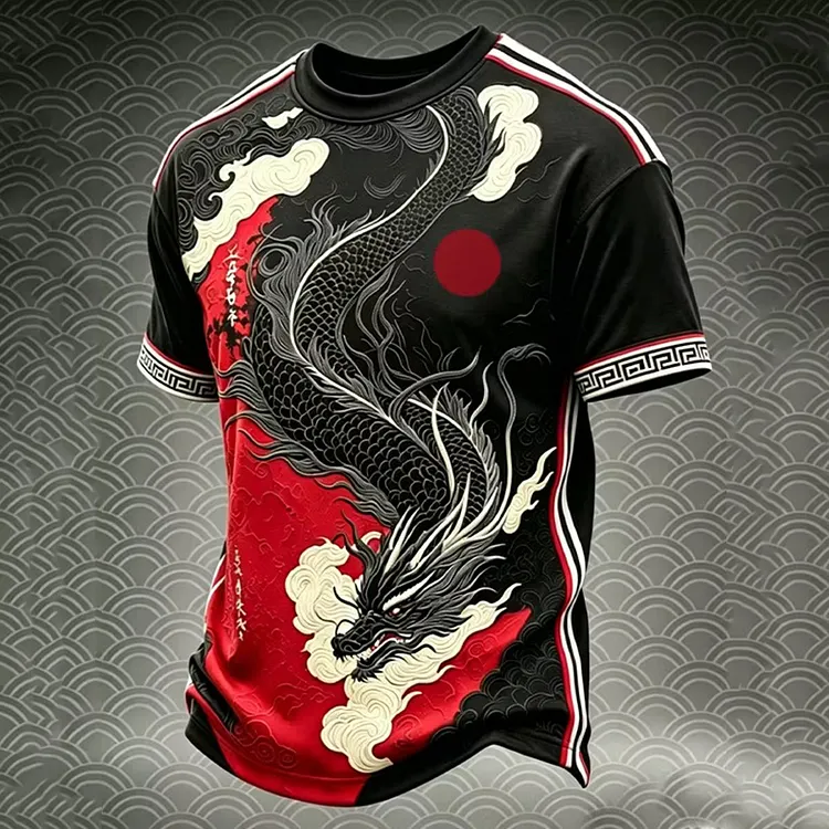 Men's Retro Japanese Dragon Color Blocking Art Print Casual T-shirt