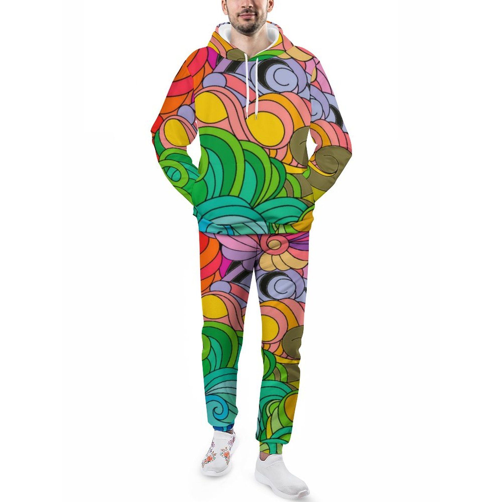 Colorful Retro 1960S Flower Power Men's Tracksuit 2 Piece Hoodie Sweatsuit Sets Guys Casual Jogging Athletic Suits