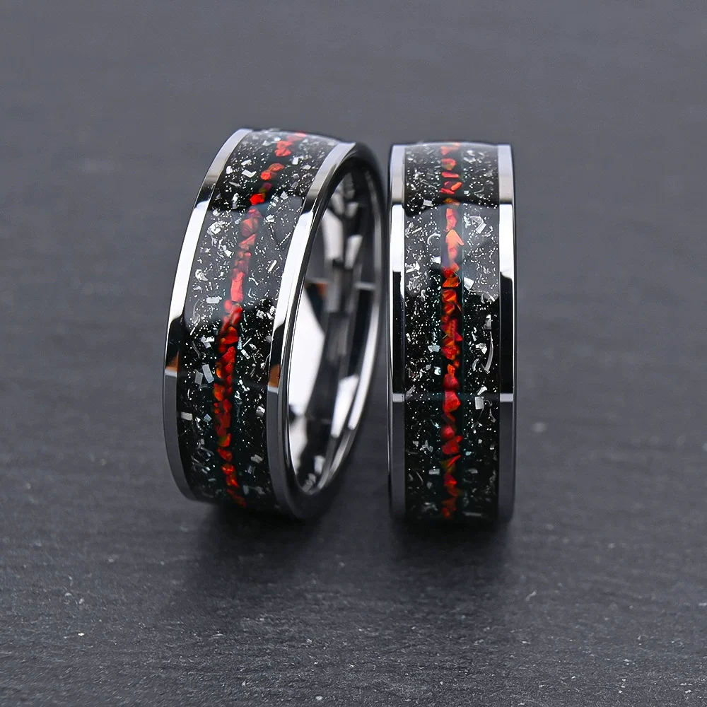 8MM Black Tungsten Carbide Rings Flat-set Meteorite Red Orbale Tungsten Wedding Bands For Women and Men