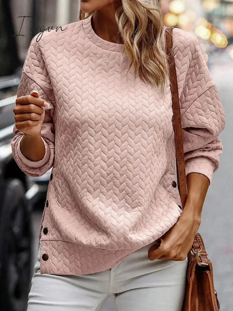 Ingvn - Women’s Sweatshirt Pullover Basic Button Pink Solid Color Casual Round Neck Long Sleeve