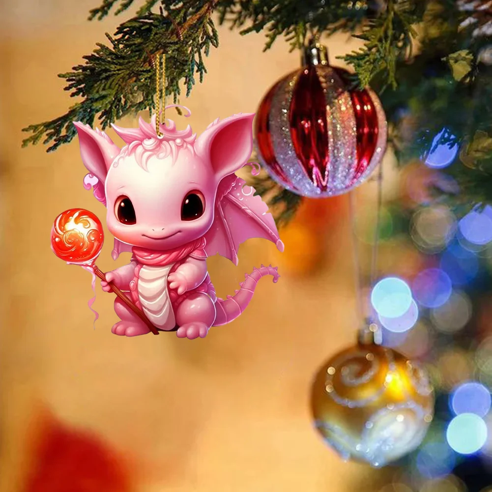 2 PCS Acrylic Pink Dinosaur 2D Flat Xmas Hanging Pendant New Year Birthday Gifts