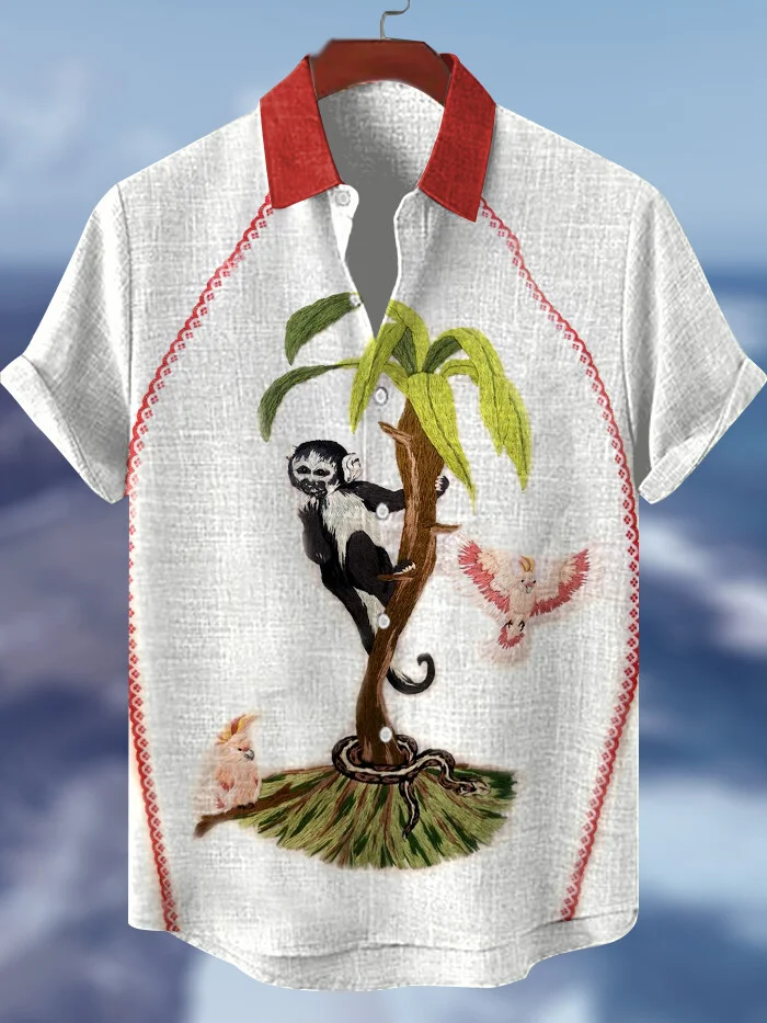 Men's Vacation Tropical Tree Monkey Parrots Print Shirt