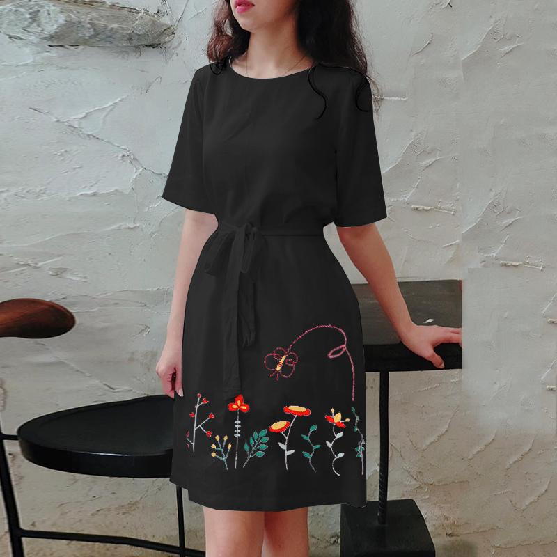 ZANZEA Vintage Embroidery Dress 2024 Summer Holiday Round Neck Robe Women Belt Collect Waist Vestidos Retro Solid Baggy Sundress