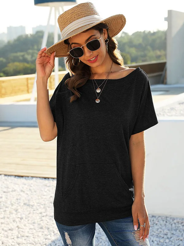 Simple Short Sleeves Loose Solid Color One-Shoulder T-Shirts Tops