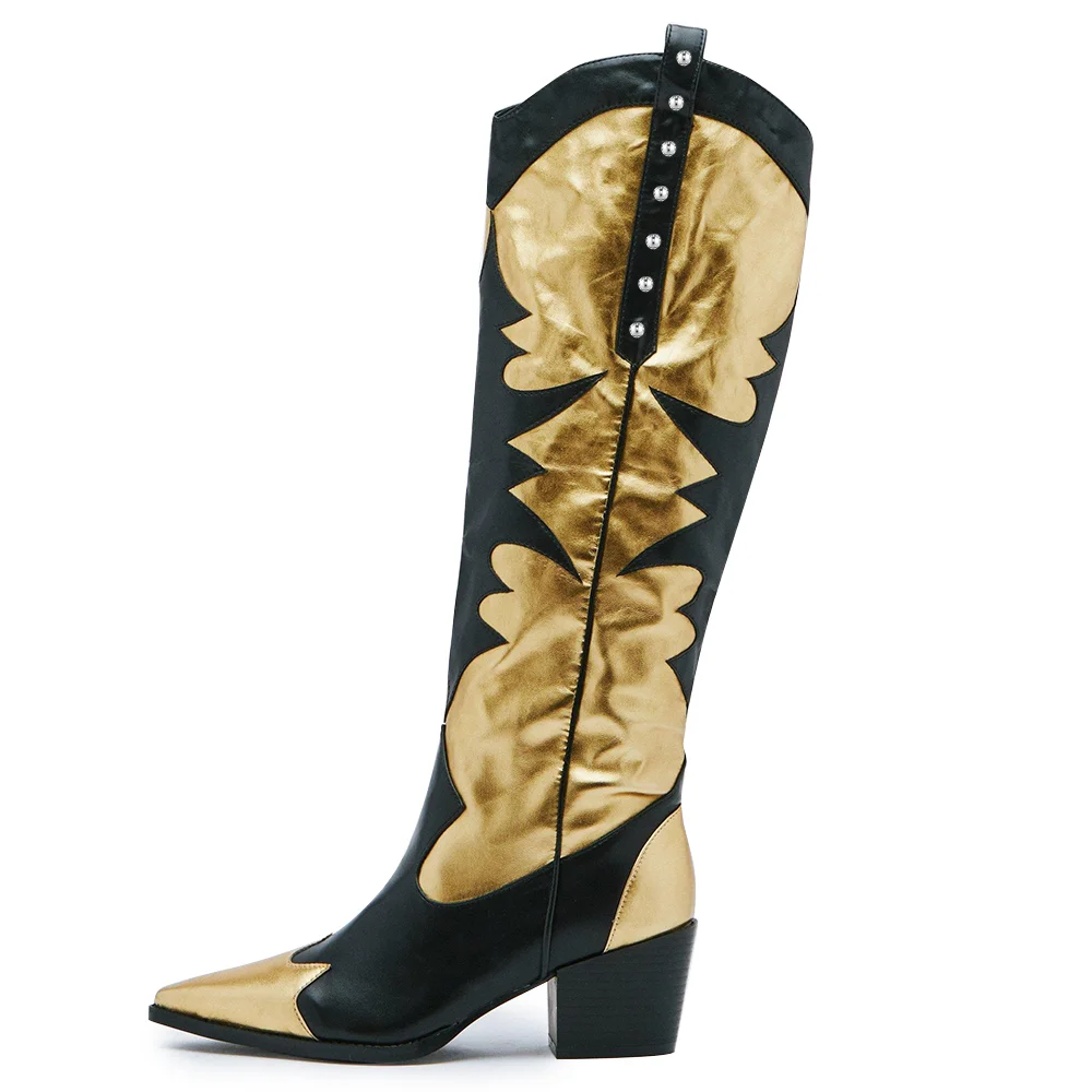 Gold Black Leather Knee Boots Pointed Toe Cone Heel Knee Boots Nicepairs