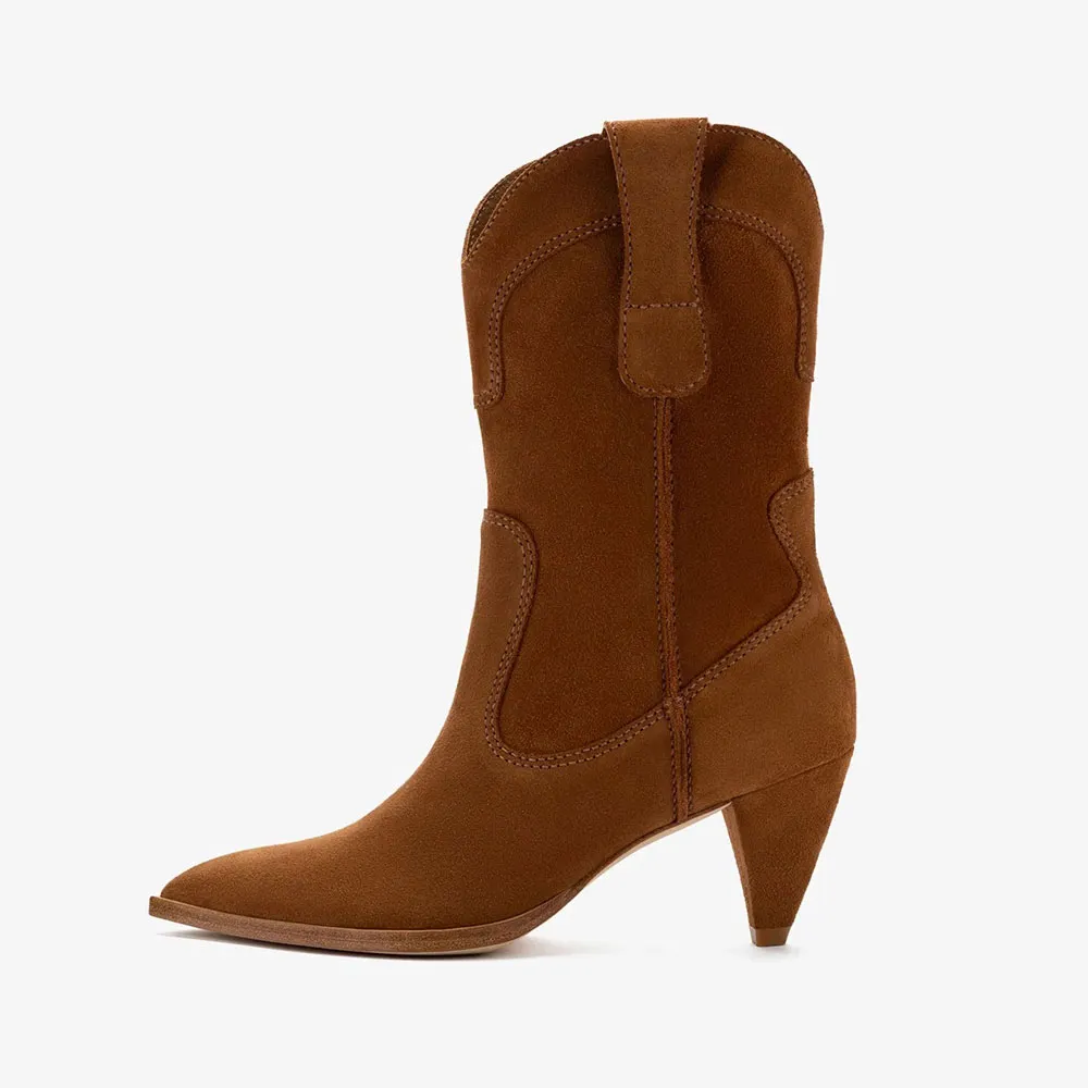 Pointed Toe Cone Heel Pull On Brown Western Boots for Women