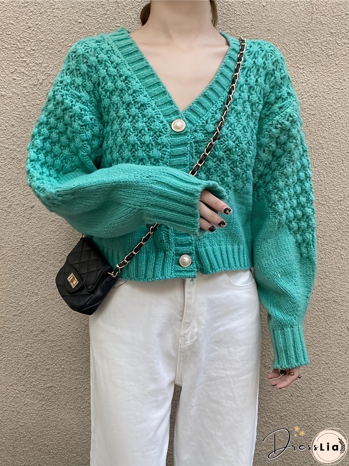 Button Front Knit Cardigan, Casual Solid V Neck Long Sleeve Sweater, Women's Clothing