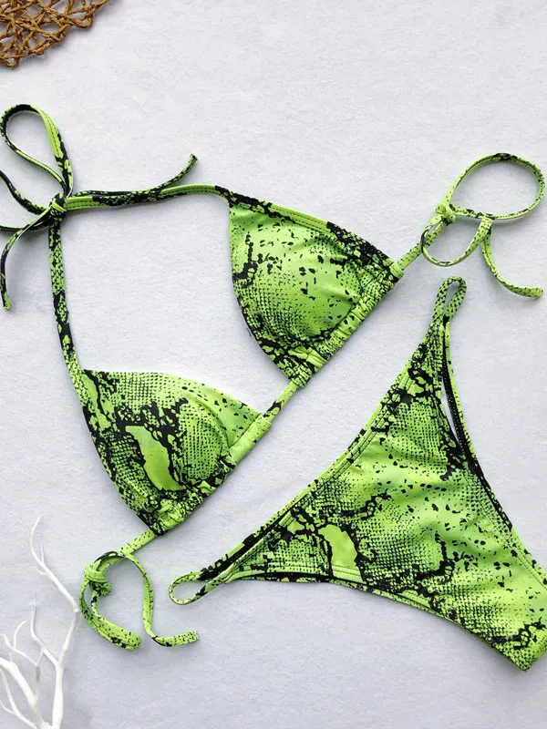  Lace-Up Snakeskin Print Scrunch Bikini Set