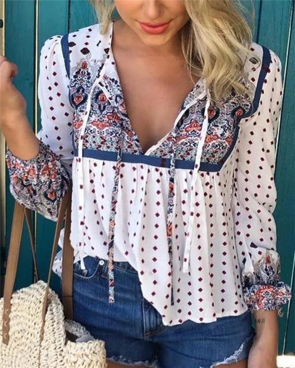 Floral-Print V Neck Long Sleeve Holiday Blouses