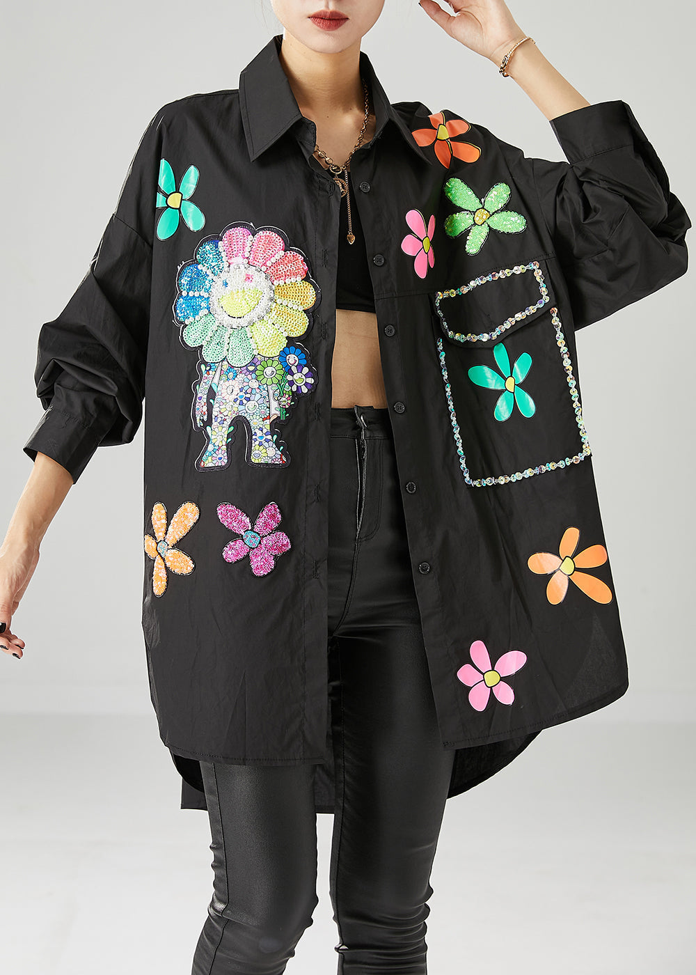 VCSHOES Black Oversized Sunflower Sequins Cotton Blouses Fall