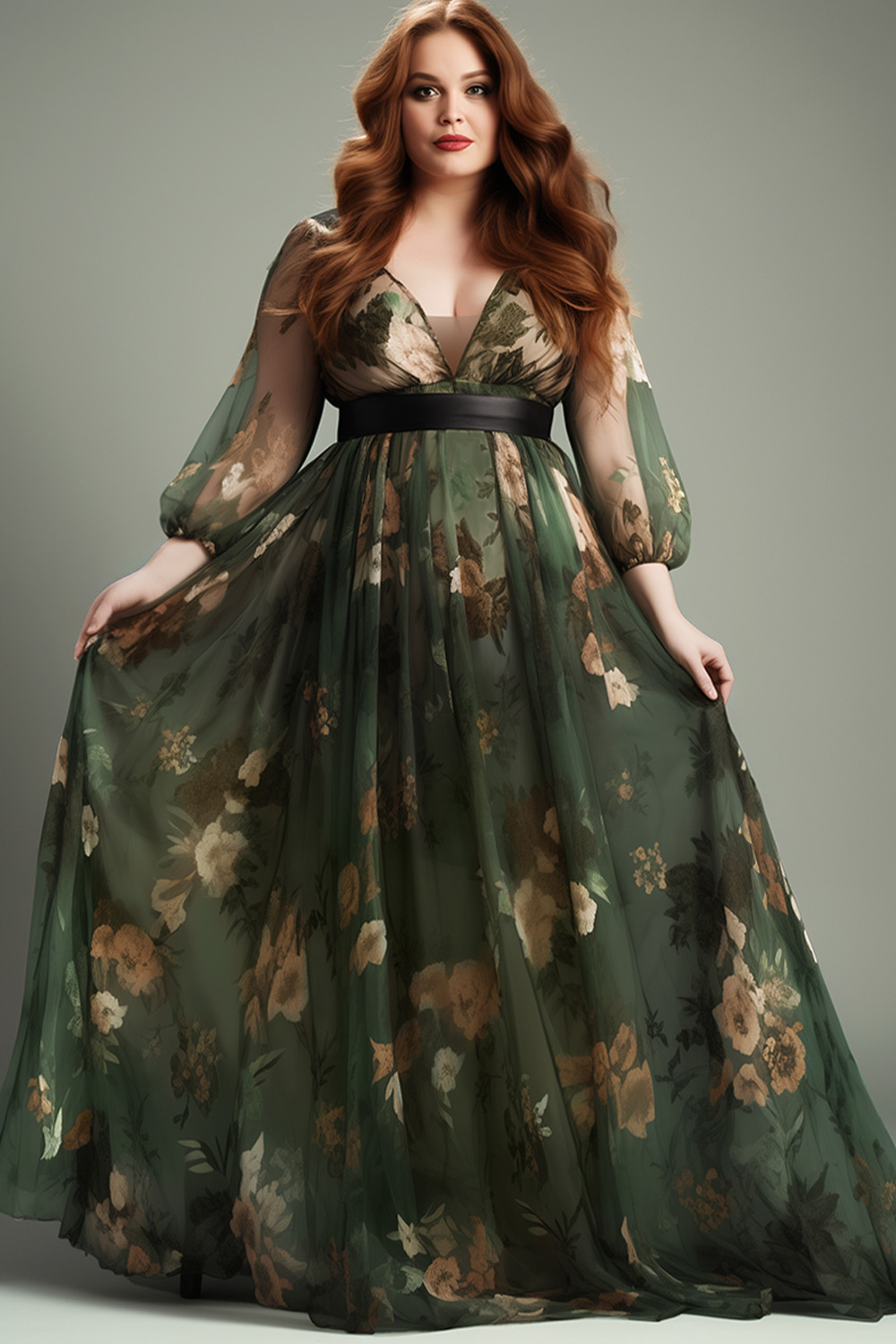 Flycurvy Plus Size Wedding Guest Green Chiffon Floral Print See-Through Lantern Sleeve Maxi Dress