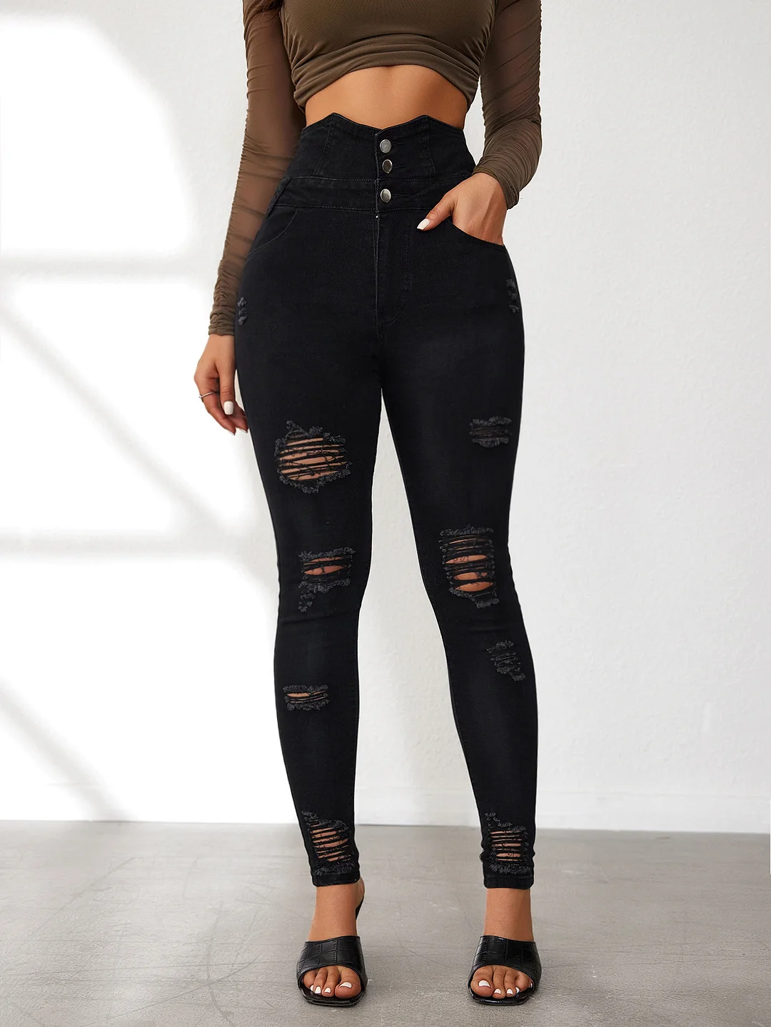 Women's High-waisted Ripped Jeans Slim Fit Denim Jeans