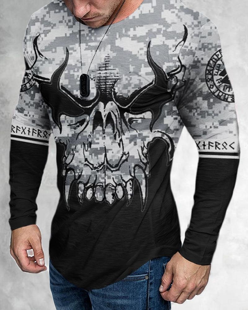 Men's Casual Long Sleeved Creative Skull Printing T-shirt