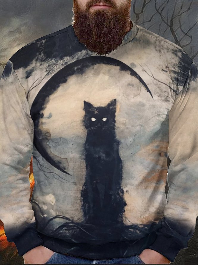 Men's Casual Loose Halloween Black Cat Print Sweatshirt