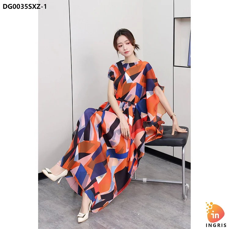 2022 Summer popular printed belt cake dress round neck party lace up dresses for women-DG0035SXZ