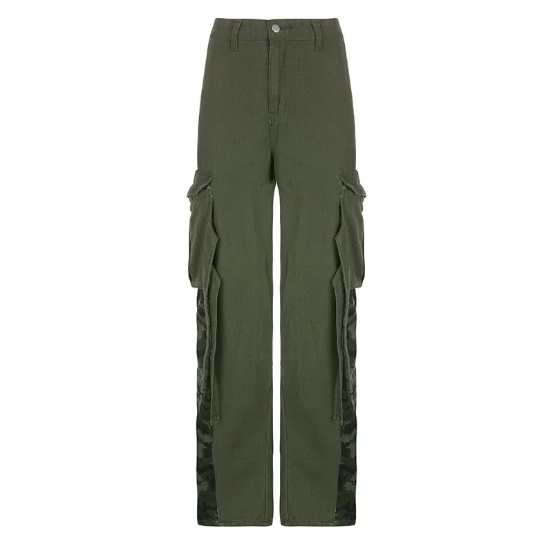 Churchf Camouflage Patchwork Women Cargo Jeans Korean Fashion Low Waist Retro Denim Sweatpants With Pockets Hip Hop Pants Y2K