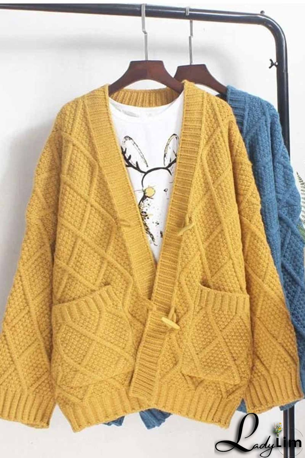 Solid Ribbed Horn Buckle Pockets Cardigan