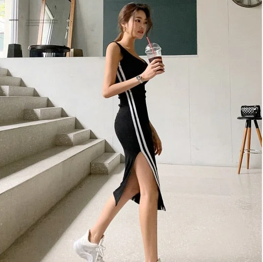 WOMENGAGA Korea Summer Top Hot Sexy Striped 2020 Cotton Long Maxi Party Dress Pencil Tank Vest Dresses  Vintage T Shirt 50EE