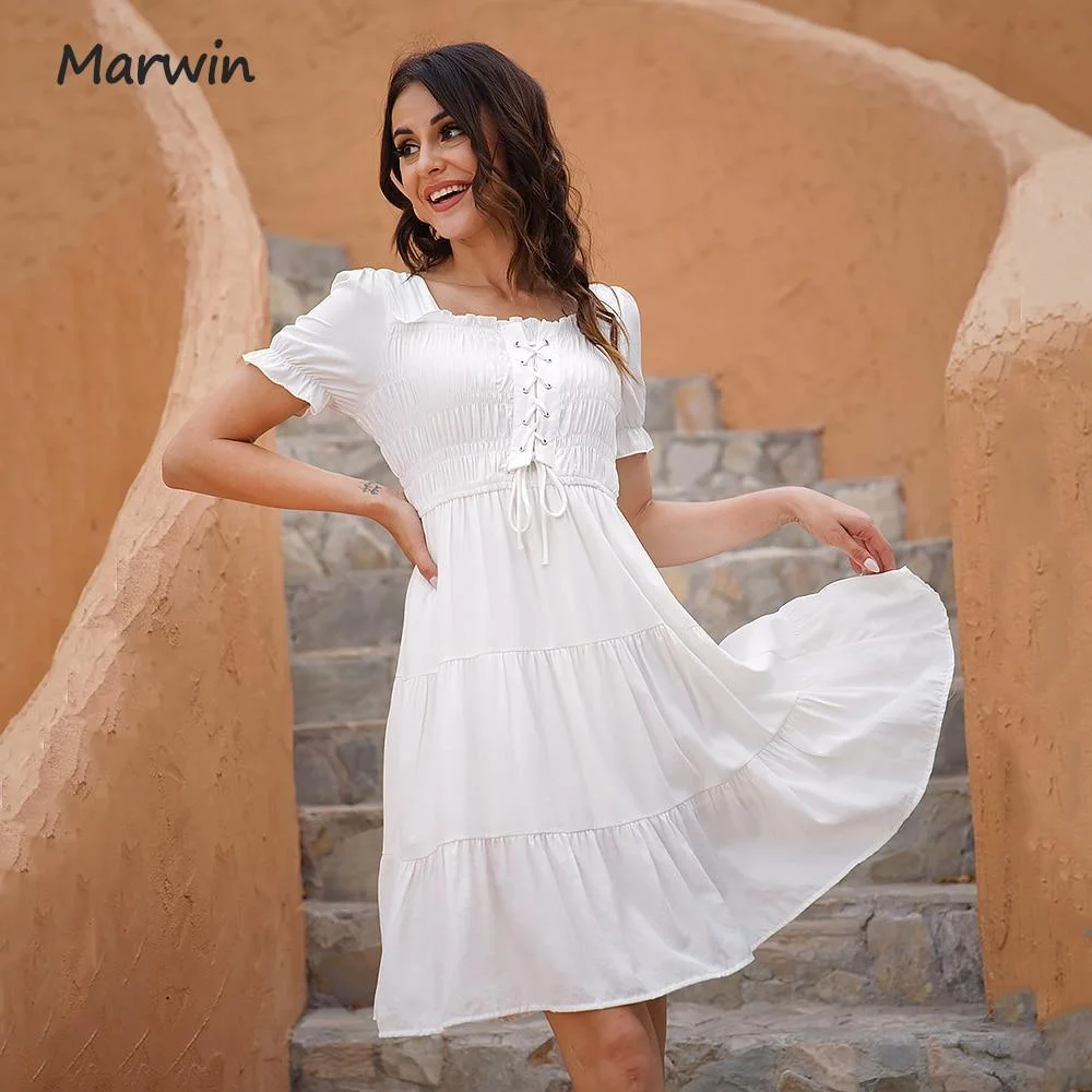 Marwin Long Simple Casual Solid Draw String Puff Sleeve Holiday Style High Waist Fashion Knee-Length Summer Dresses NEW Vestidos 1026-1