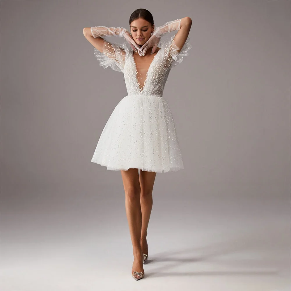  2022  Graduation Party  Gift  Sexy V-Neck Wedding Dress A-Line Short Sleeves Tulle Mini Bride Gowns  Modern Short Backless Vestido De Noiva